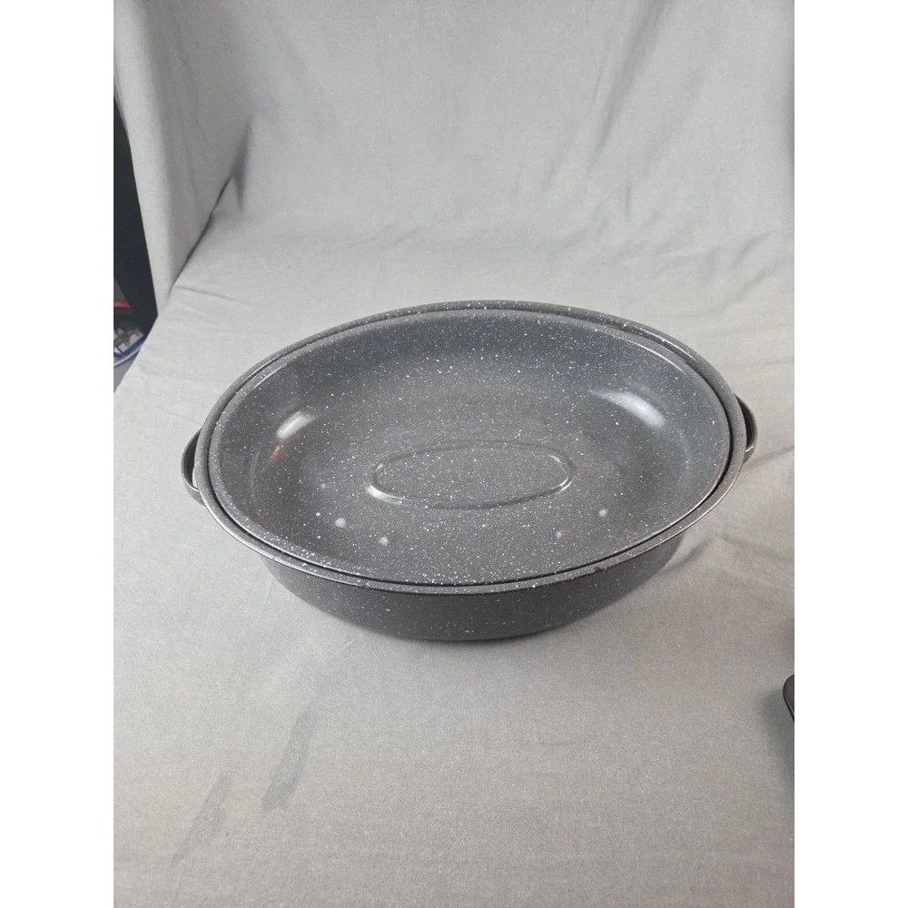 Enamelware Roaster Gray Speckled Oval USA Large 16.5